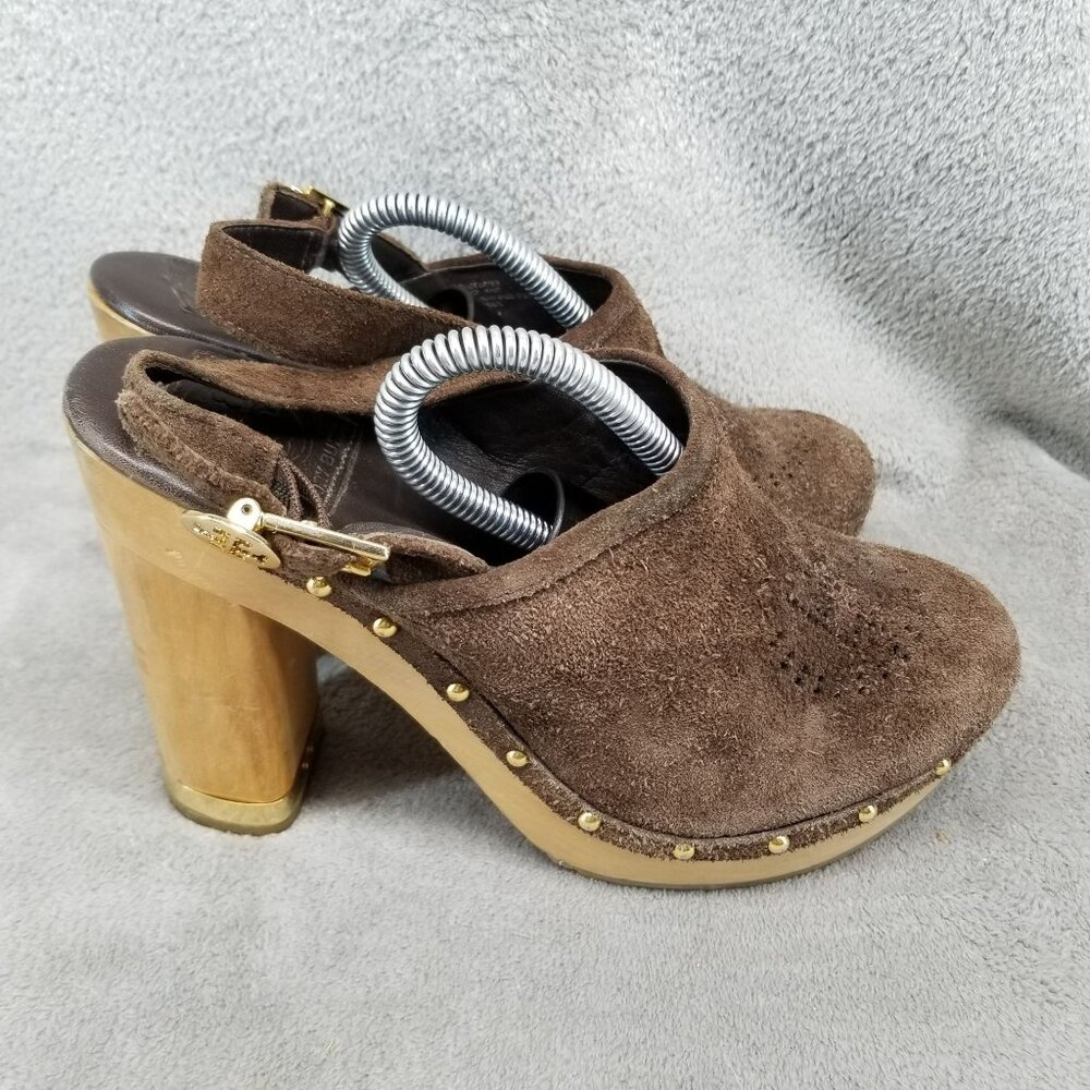 Tory Burch Shoes Womens Size 8.5 Brayden Brown Suede Wood Sole Clogs - Picture 6 of 13